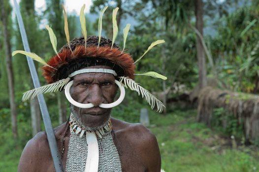 DUGUM DANI VILLAGE,  IRIAN JAYA PROVINCE, NEW GUINEA, INDONESIA - JUNE 20: Dugum Dani Warrior  with a traditional painting on a face. June 20, 2012 in Dugum Dani The Baliem Valley Papua or Irian Jaya Indonesian New Guinea