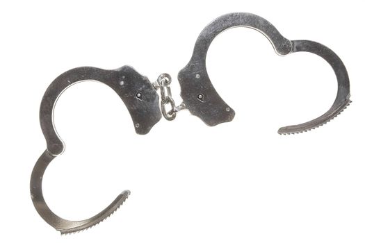 Government Issued Law Enforcement Open Metal Handcuffs Isolated on White Background