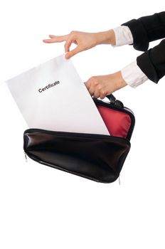 The office worker taking out the Certificate from a case