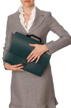 Woman holding suitcase with documents and contracts in the hands