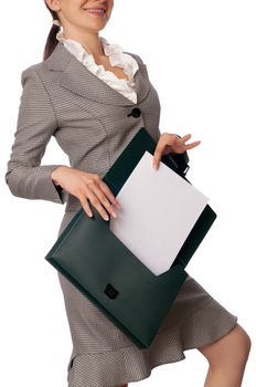 Woman holding suitcase with documents in the hands
