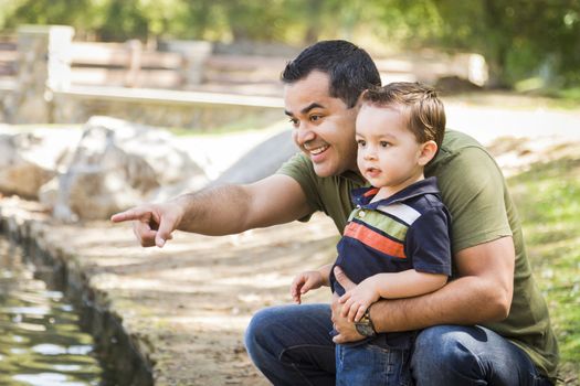 Happy Hispanic Father Points with Mixed Race Son at the Park Pond.