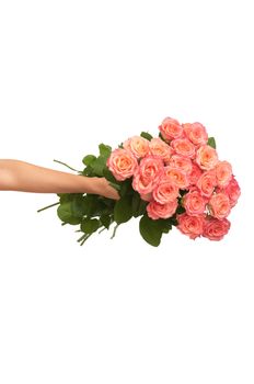 woman holding big fragrant bouquet of pink roses in the hands as a gift