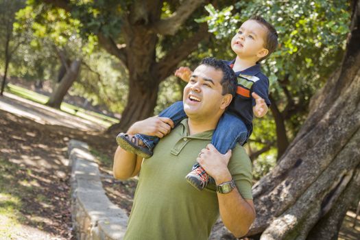 Happy Mixed Race Son Enjoys a Piggy Back Ride in the Park with Dad.