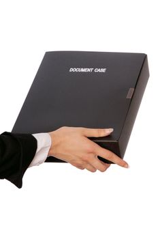 The office worker holds the document case in the hands