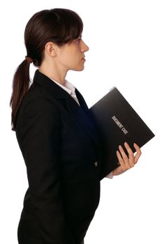 The office worker holds the document case in the hands