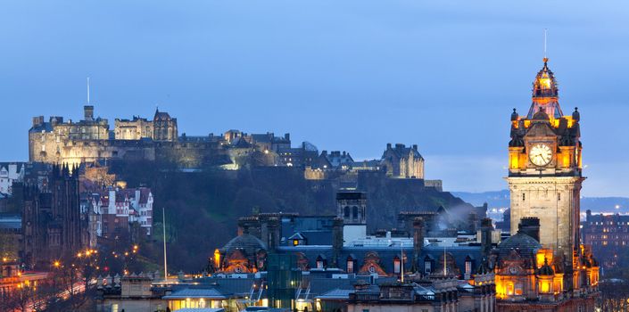 Edinburgh Panorama Cityscape from Calton Hill at dusk Scotland UK