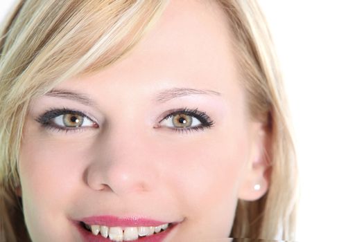 Close up portrait of smiling blonde woman on white background Close up poterait of smiling blonde woman on white backgeound