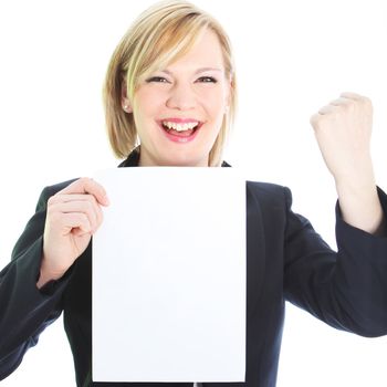 Jubilant woman with blank sheet of paper smiling and raising her fist in celebration isolated on white