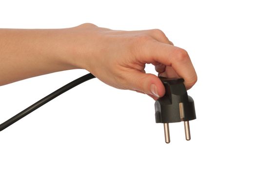 woman holding black outlet in the hand