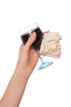 woman take white rose and glass with red wine