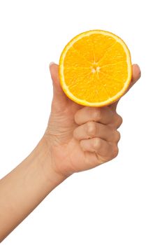 Slice of a fresh Sicilian orange in the hand