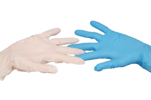 doctor put blue and white sterilized medical glove for making operation