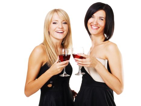 Two pretty cheerful women with glasses of wine, white bzckground