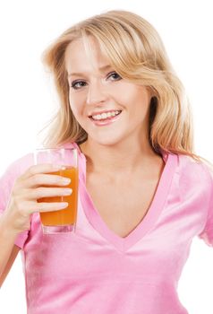 Lovely girl with a glass of fresh juice, white background 