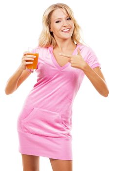 Funny girl with a glass of fresh juice, white background