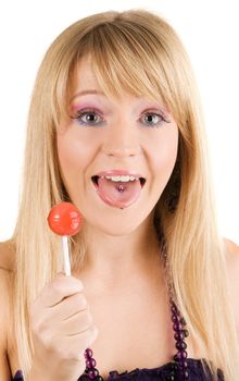 Funny young woman with a lollipop, white background
