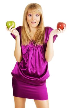 Young beautiful woman holding two apples, isolated on white background