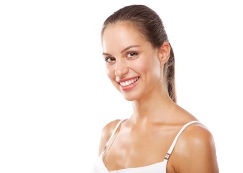 Beautiful young woman in white clothing studio face portrait