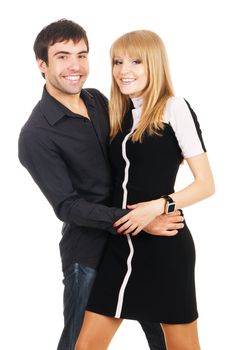 Beautiful young couple in casual clothing, white background