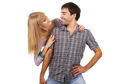 Romantic young couple having fun, white background 