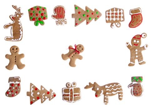 Homemade Gingerbread cookies with different shapes isolated on white background