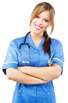 Friendly nurse on white background, studio portrait