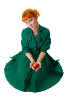 Beautiful lady holding an apple, white background