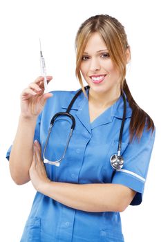 Friendly nurse on white background, studio portrait