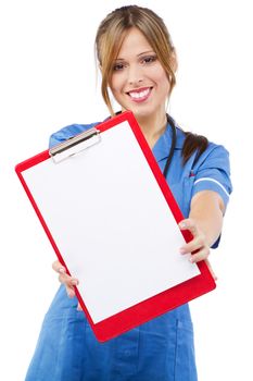 Friendly nurse on white background, studio portrait