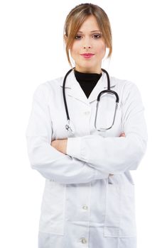 Friendly nurse on white background, studio portrait