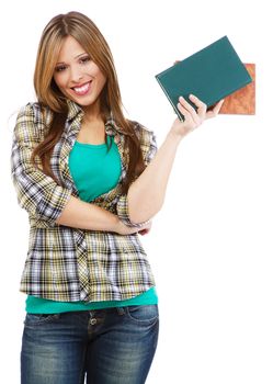 Cheerful girl in casual clothing, white background