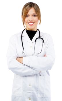 Friendly nurse on white background, studio portrait