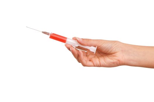 Woman holds in the hand syringe with a new antibiotic mixed with blood