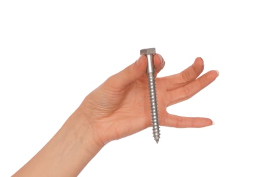 woman holding a big bolt in the hand