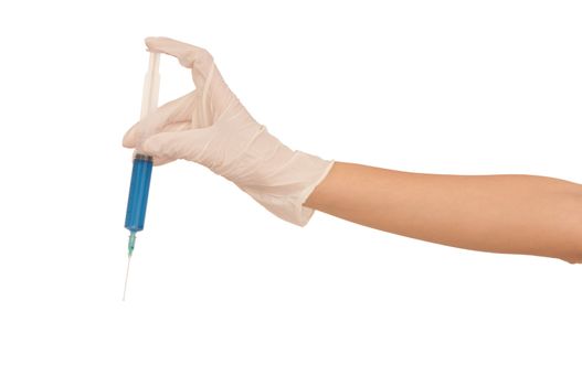 Woman holds in the hand syringe with a new blue color antibiotic