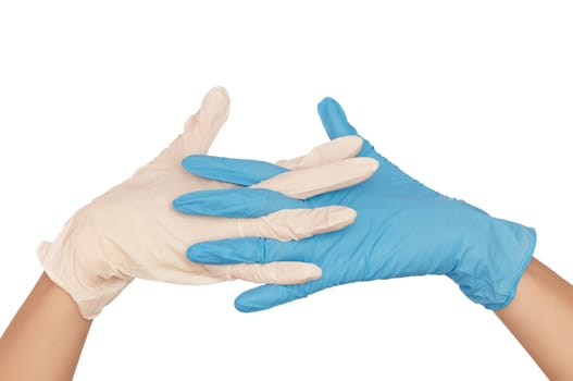 doctor put blue and white sterilized medical glove for making operation