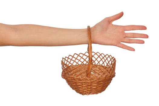 one brown basket for fruit on woman's hand