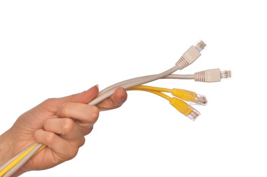 woman holding power LAN cord in the hand