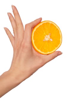 Slice of a fresh Sicilian orange in the hand