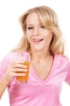 Portrait of a lovely girl with a glass of fresh juice against white background