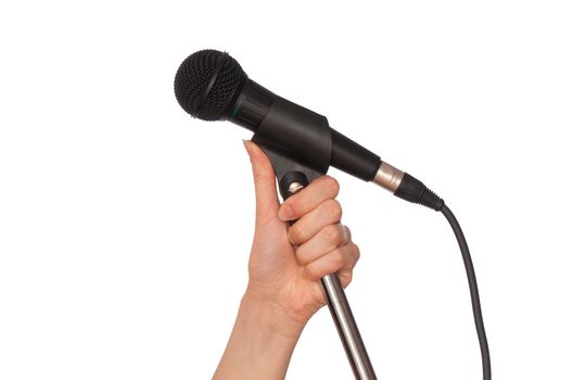 woman holding big black microphone for singing