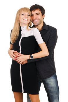 Beautiful young couple in casual clothing, white background