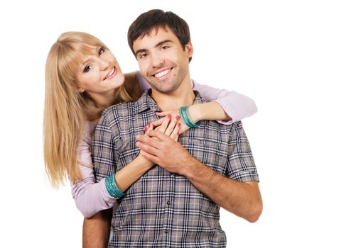 Romantic young couple in casual clothing, white background 