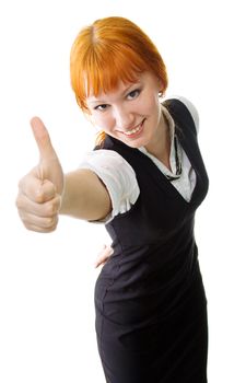 Young businesswoman showing 'thumbs up' sign