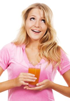 Funny girl with a glass of fresh juice, white background