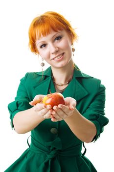 Beautiful lady holding an apple, white background