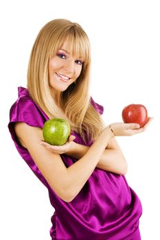 Cheerful young woman holding fresh apples, isolated on white background