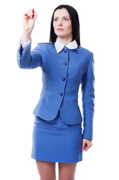 Elegant businesswoman writing with a marker, white background 