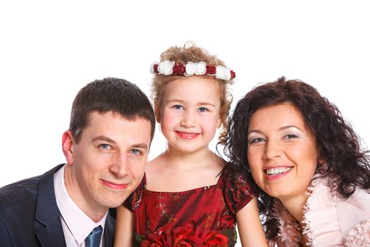 Portrait of happy Caucasian family smiling together on white background